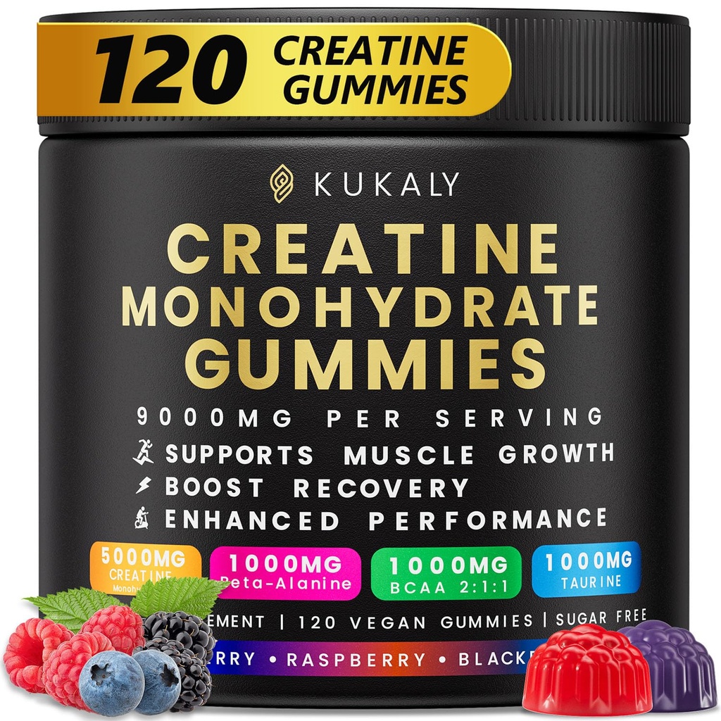 KUKALY Gommies monohydratées créatine pour hommes et femmes, 9000MG Gommies créatine sans sucre - mélangés aromatisés avec L-Taurine, BCAA 2:1, B12 B6 pour boost force, focus et endurance, végétalien, non-OGM, 120pcs