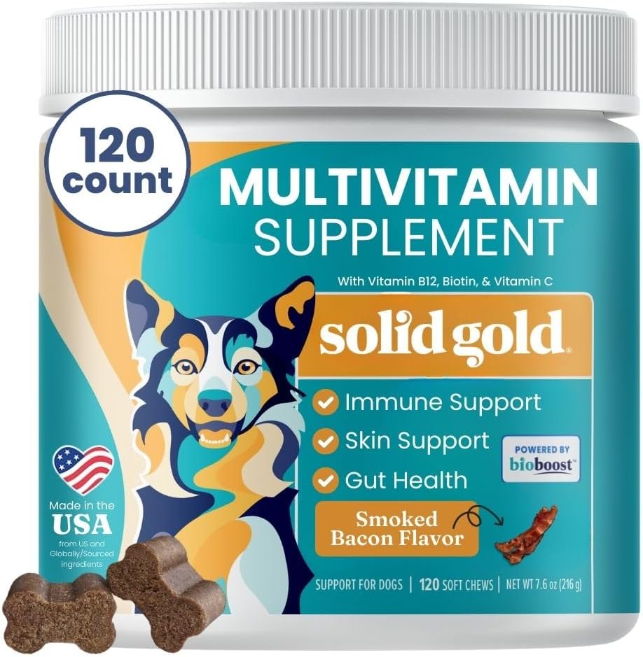 Solid Gold Hond Multivitamine - Zachte Hond Vitaminen & Supplementen Kauwen - All-in-One Hart, Immune, Hersenen, Huid, Coat & Gut Health Support w/Vitamine C, B12, Probiotica & Antioxidanten - Bacon smaak 120ct