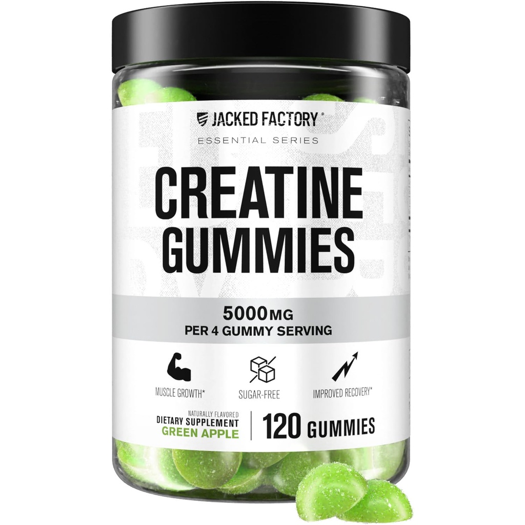 Gommies de créatine sans sucre Jacked Factory - 5g Dose quotidienne (1.25g par gommy) - Gommy sans sucre de créatine pour les hommes et les femmes, Vegan-friendly, Tiers-partie testé - 120 Gommies, pomme verte