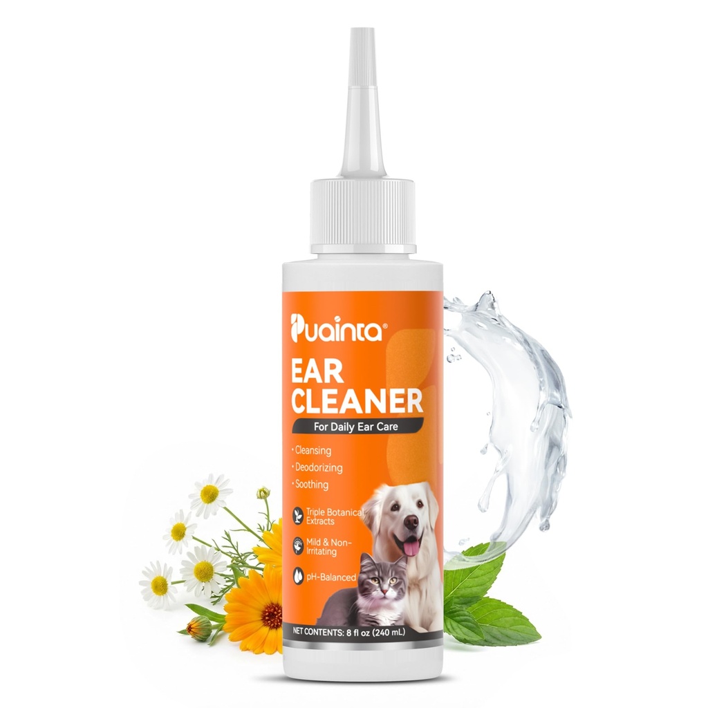 PUAINTA Dog Ear Cleaner Solution - Alcohol-Free Ear Wash with Quantum Silver & Witch Hazel - Soothes Itch, Removes Wax & Odor - Gentle Daily Flush for Dogs & Cats (8 oz)