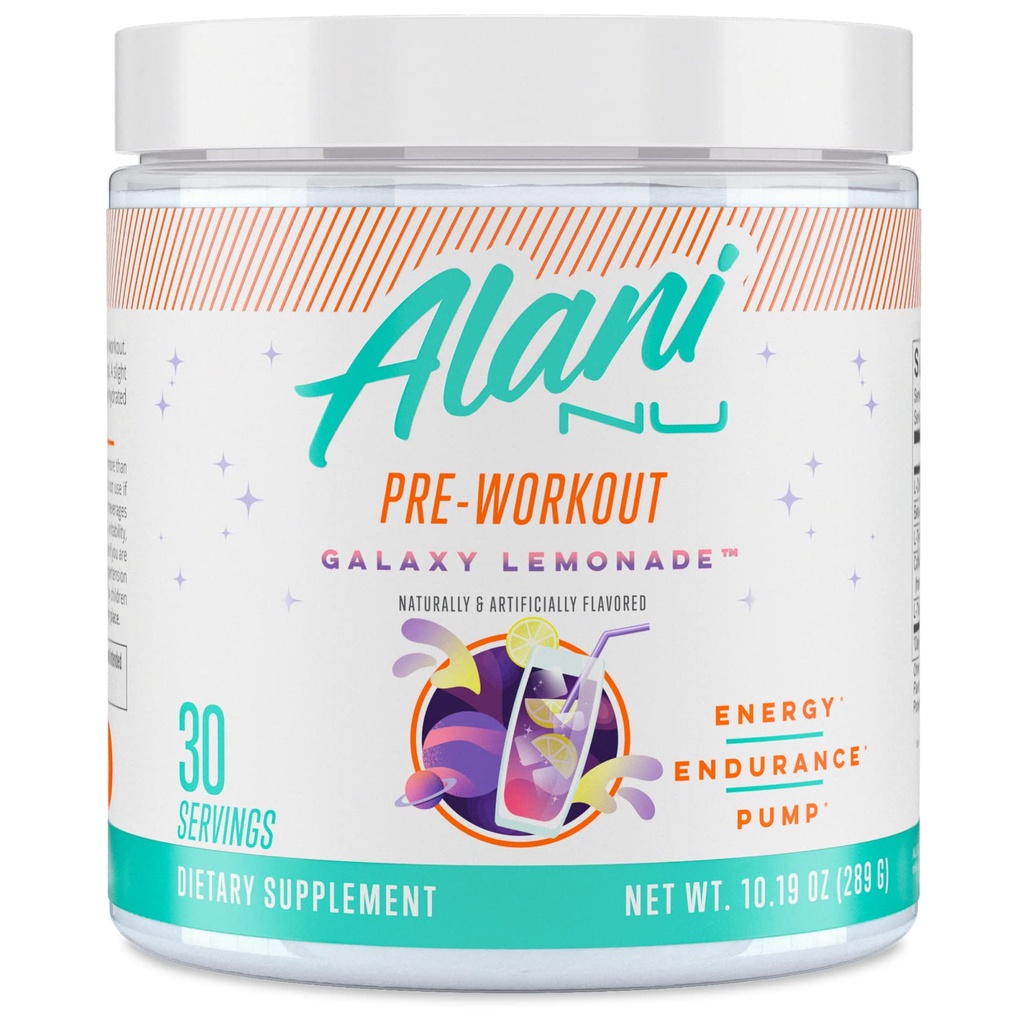 Alani Nu Pre Workout Poudre GLAXAY Cimonade, Amino Energy Boost, Supplément d'endurance, Sans sucre, 200mg Caféine, L-Theanine, Beta-Alanine, L-Citrulline, 30 portions