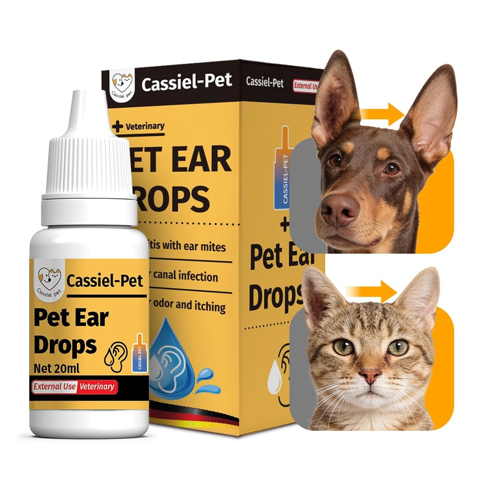 Gouttes d'oreille pour le traitement de l'infection à oreille, traitement des acariens, nettoyage des levures de chien, enlèvement de la cire d'oreille, soulagement de l'oreille démangeaison pour chiens et chats