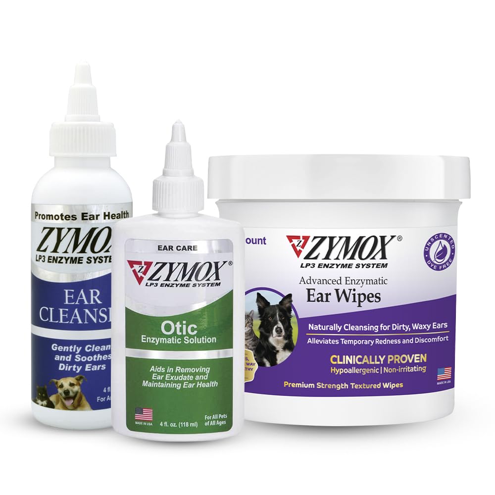 PET KING BRANDS ZYMOX Enzymatic Ear Wipes and Otic Ear Solution for Dogs and Cats - Product Bundle - for Dirty, Waxy, Smelly Ears and to Soothe Ear Infections, 100 ct, 4 oz and 4 oz