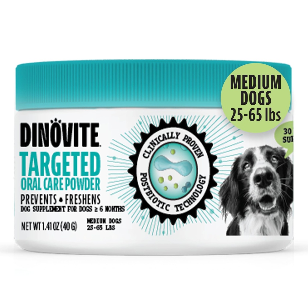 Poudre dentaire de chien dinovite, désodorisant et nettoyage des dents sans brosse Poudre de soins dentaires avec probiotiques et postbiotiques, soins buccodentaires mauvais traitement, chiens moyens, fabriqués aux États-Unis, 30 jours d'approvisionnement