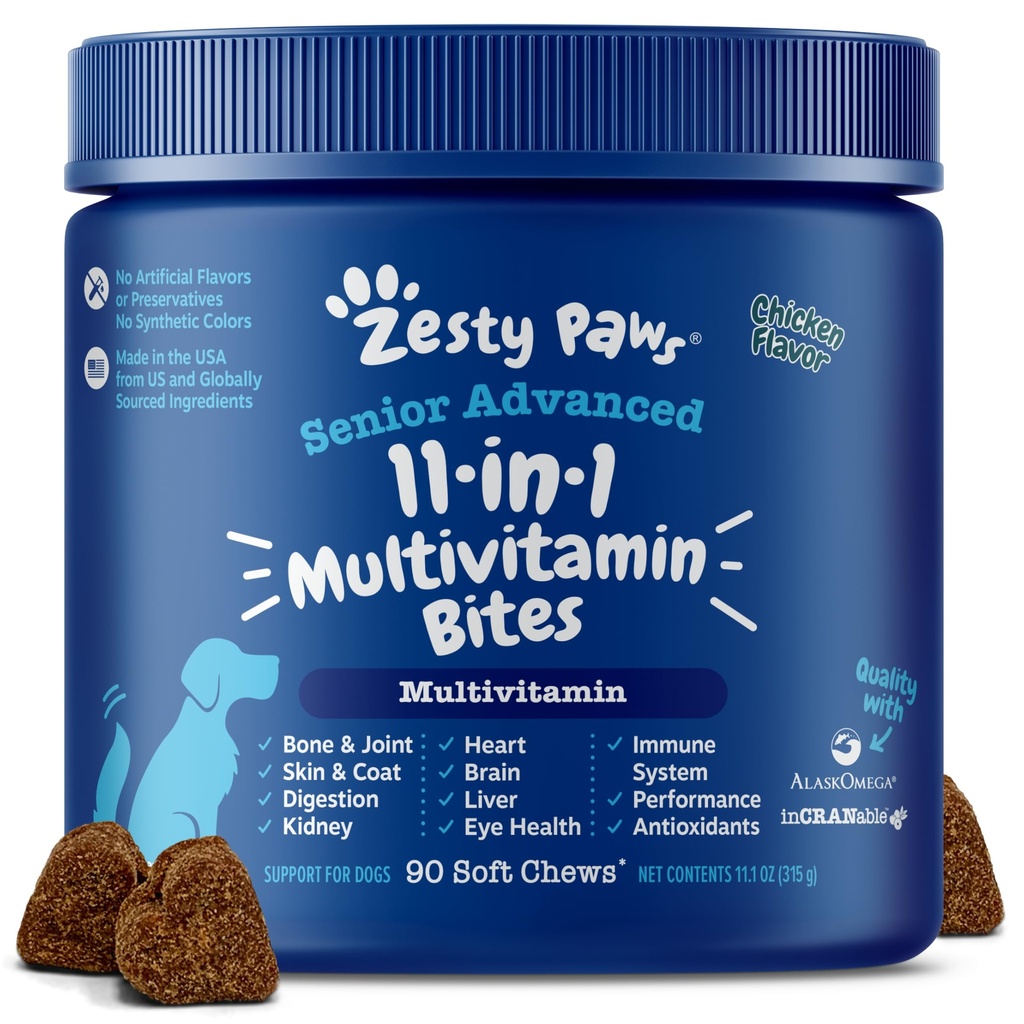 Zesty Paws Senior Honden Multivitamine Treats - Glucosamine voor honden + spijsverteringsenzymen en probiotica - Grain Free Hond Vitaminen en Supplementen voor de huid & Coat + Immune Health Chicken - Geavanceerd - 90ct