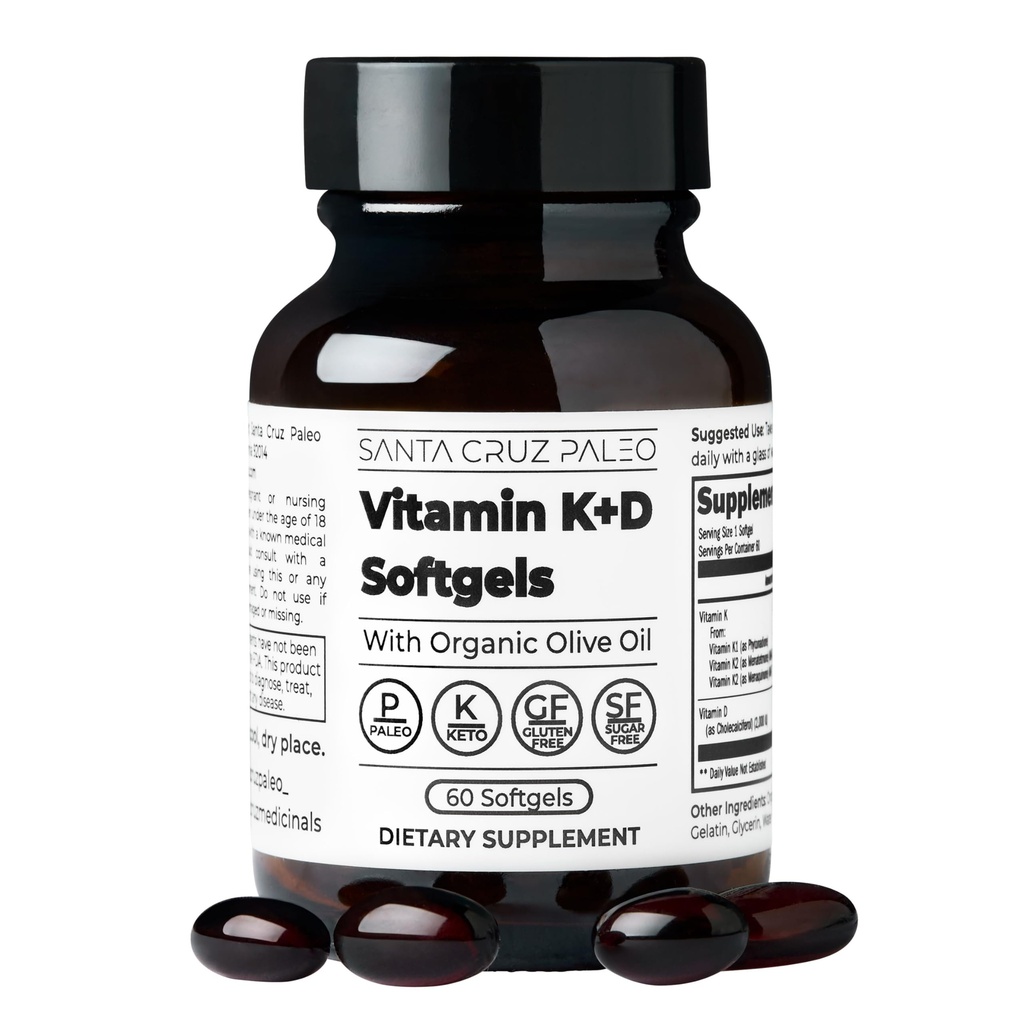 Santa Cruz Paleo Vitamine K2 + D3 Softgels, dagelijks supplement met biologische olijfolie, bevat vitamine K1 en twee vormen van K2, ondersteunt hart en bot gezondheid, glutenvrij, suikervrij, Paleo, Keto, 60 Tellen