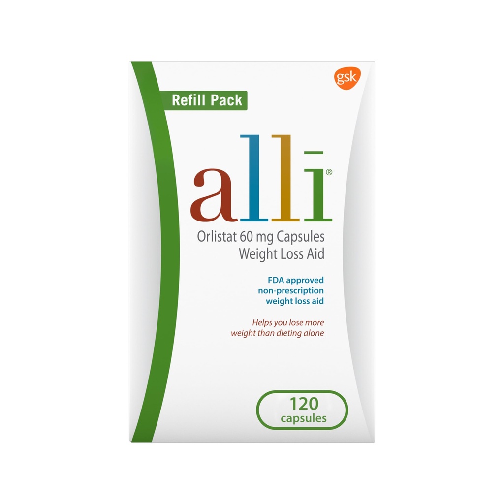 alli gewichtsverlies Dieetpillen, Orlistat 60 mg Capsules, Niet voorgeschreven gewichtsverlies, 120 Tel navulverpakking