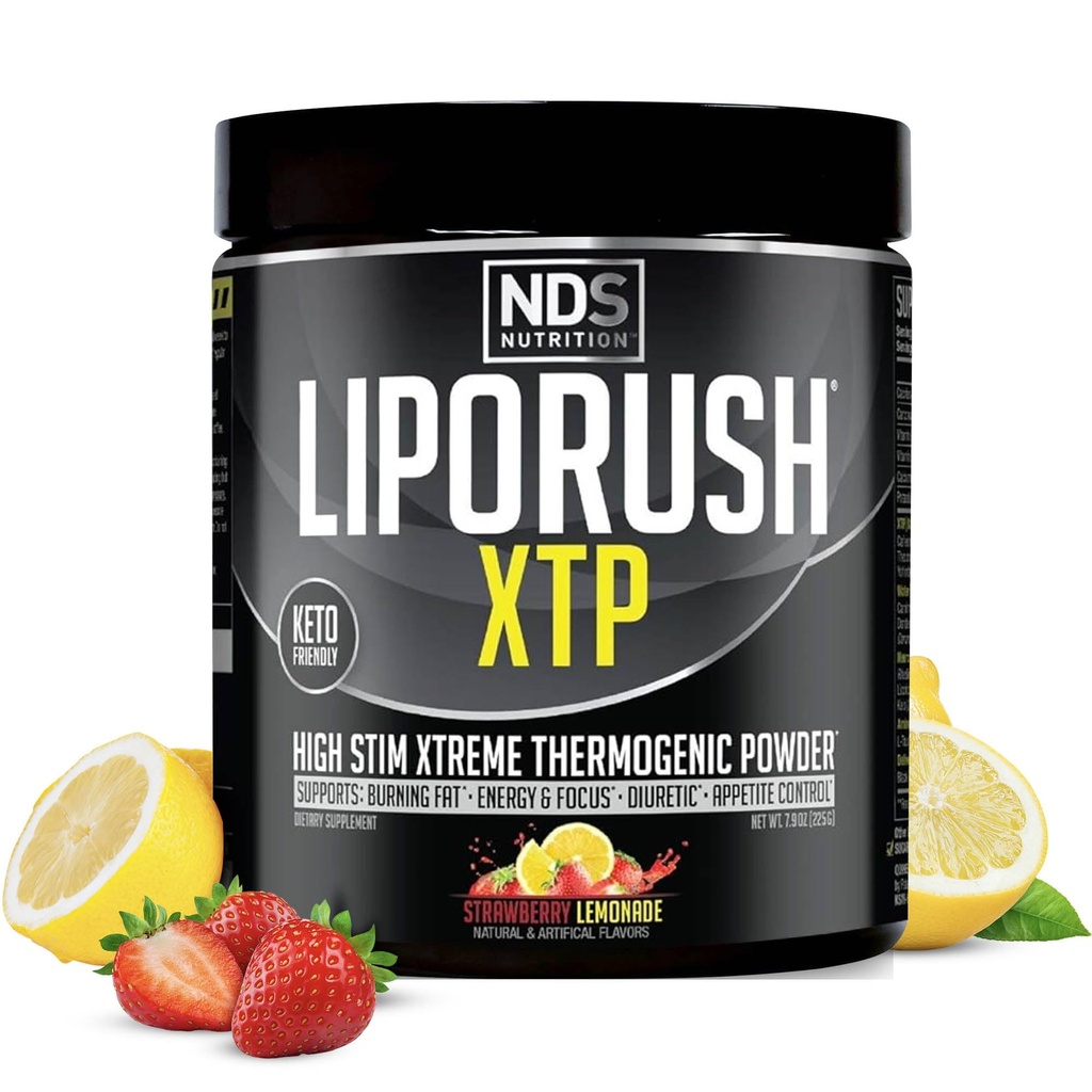 LIPORUSH NDS Nutrition XTP Thermogenic Fat Burner with L-Carnitine - Energy, Focus, and Appetite Control - Poudre de combustion de graisse thermogénique extrême Perte de poids - Cimonade de fraise (45 portions)