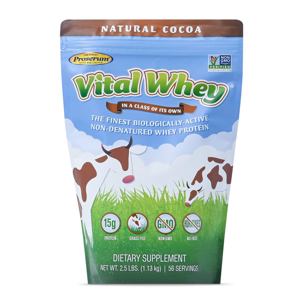 Gras-Fed Wei Proteïne Poeder voor Immune Vitality, Natuurlijke Cacao 2,5lbs (56 Servings), 15g Proteïne Per Serve, Vital Wei, Clean Holistic, Wellness Nutrition