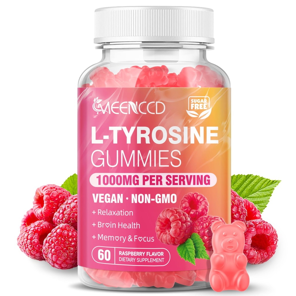 MEENCCD L-Tyrosine Gummies, 1000mg L-Tyrosine Supplement for Kids & Adults, Daily Wellness Support, Non-GMO, Sugar-Free, Raspberry Flavor, 60 Count