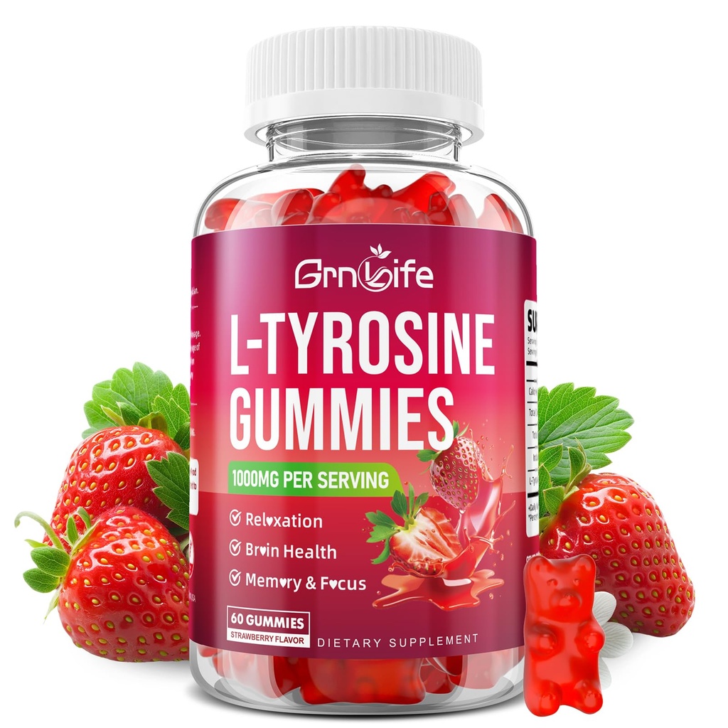 L Tyrosine Gummies 1000mg, Sugar-Free L-Tyrosine Supplement voor kinderen en volwassenen, Focus Gummies voor energie en geheugen ondersteuning, aardbeien smaak, 60 Tel.