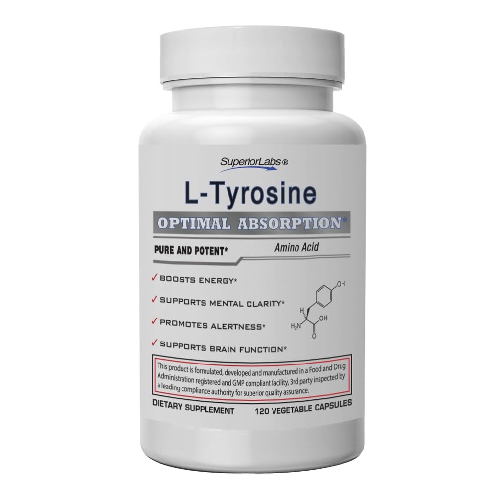 Superior Labs L-Tyrosine 500 mg, Pure Non-GMO Nootrope Amino Acid, Hoge Absorptie, Mood & Focus Ondersteuning, Stress Relief, Cognitive & Mental Clarity, Thyroid & Alertness Ondersteuning,120 Veg Caps