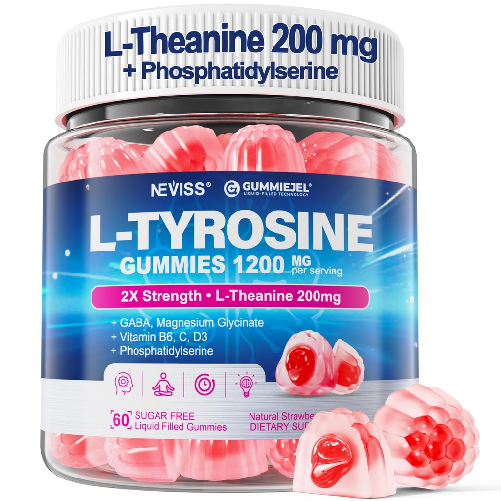 L Tyrosine Gummies Supplement 1200mg, GABA L-Theanine Supplement 200mg met Magnesium Glycinate Vitamine B6, D3 & C - Kalm & Focus Gummies - Hersensupplementen voor geheugen, Mood & Relax voor volwassenen, Veganistisch