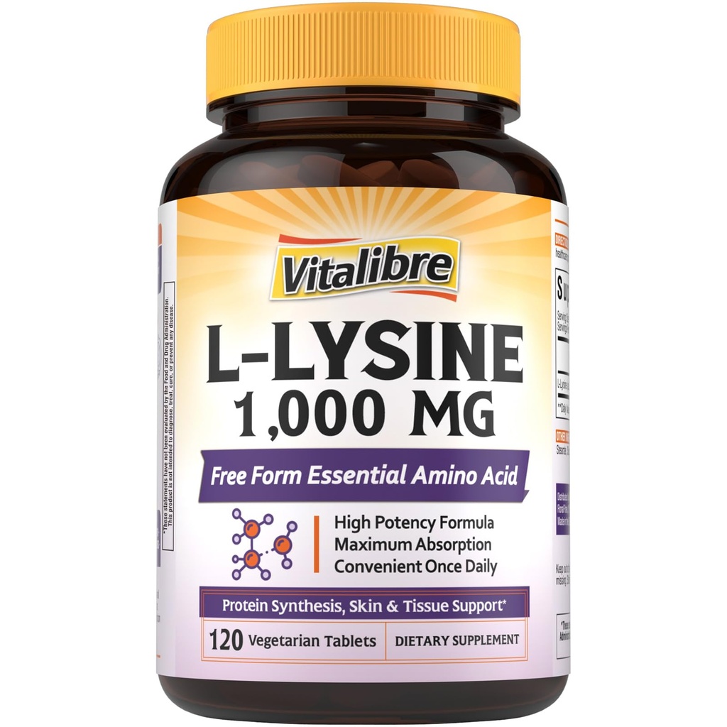 Vitalibre L-Lysine 1000 mg, HCl L-Lysine à haute puissance, acide aminé essentiel sous forme libre, protéines et synthèse collagène, support immunitaire, absorption maximale, végan, 120 comprimés