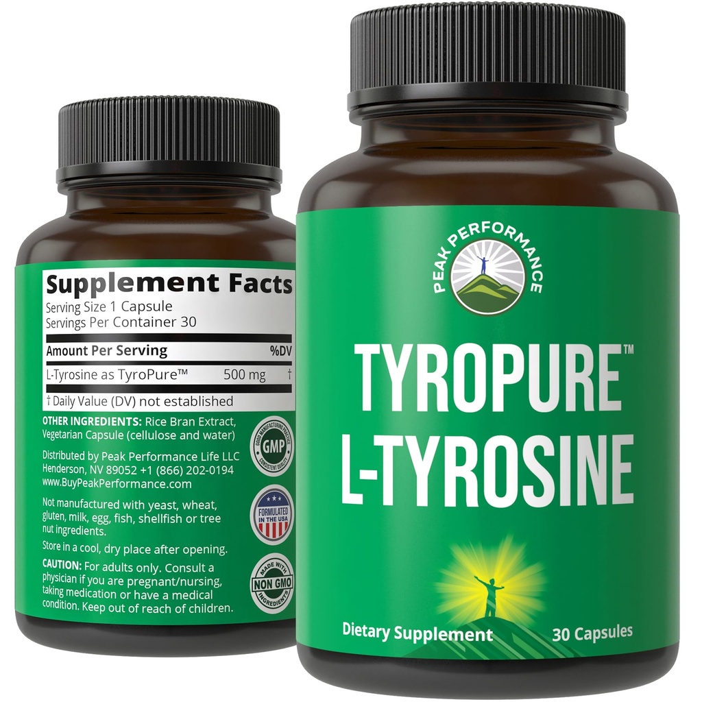 Supplément TyroPure L Tyrosine. Plus Biodisponible, version plus propre de L-Tyrosine. Végétalien, naturellement fermenté capsules 500mg pour la clarté mentale, la dopamine. Soutien à l'humeur des femmes et des hommes