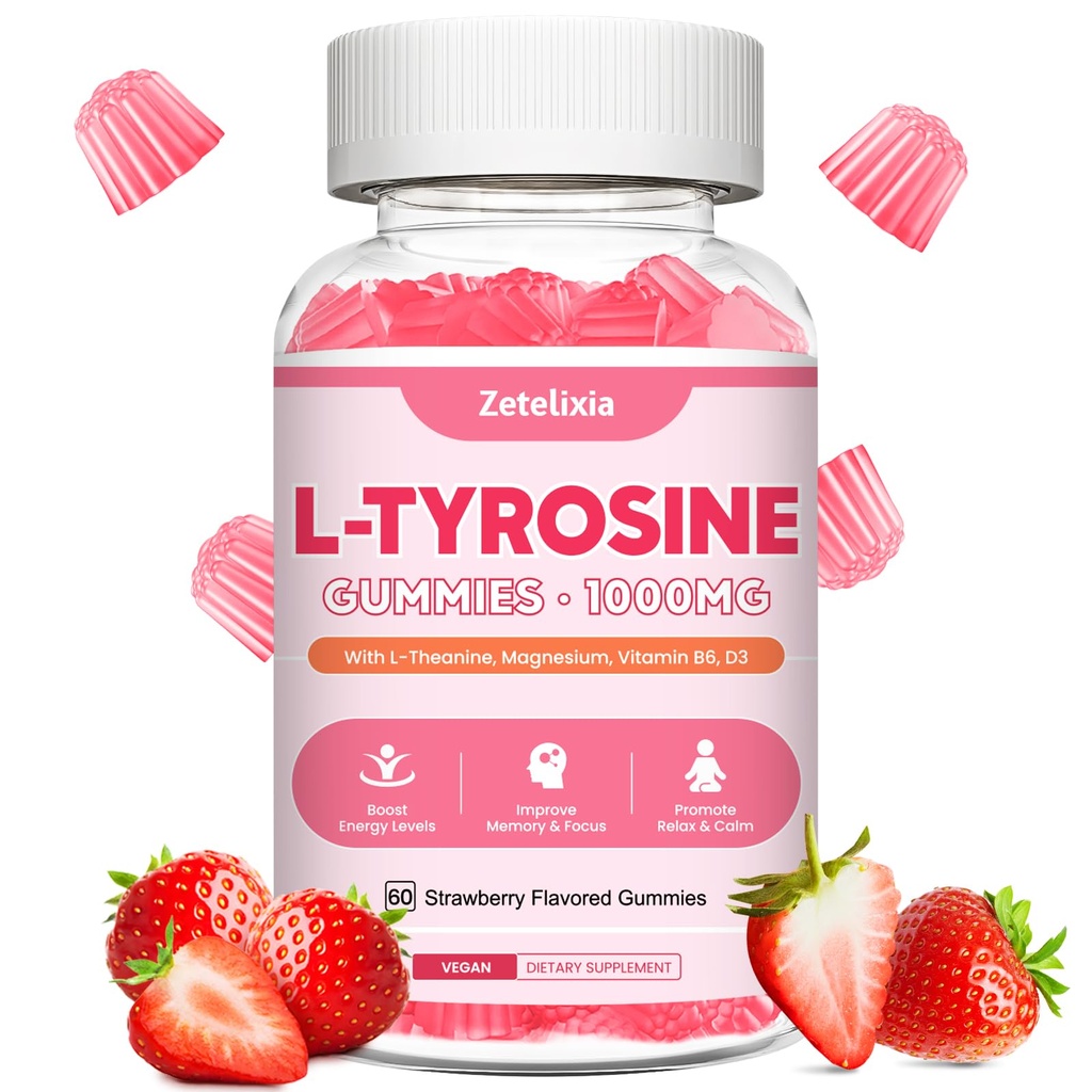 L Gommies de Tyrosine, supplément de L-Tyrosine, 10-en-1 Gommies de Tyrosine avec vitamine B6 D3, supplément de Tyrosine support cognitif, mémoire, énergie, humeur pour les adultes et les enfants, goût de fraise, 60 Ct