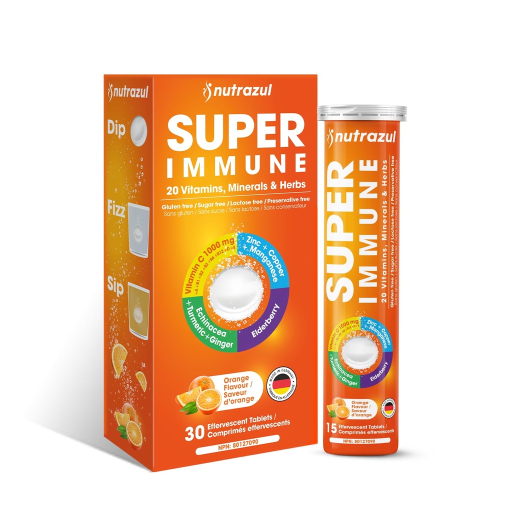 nutrazul Super Immune 30 comprimés effervescents, 20 vitamines et minéraux, extraits à base de plantes pour soutenir la routine quotidienne, vitamine C, zinc, sureau et échinacée, sans gluten, sans sucre, saveur orange