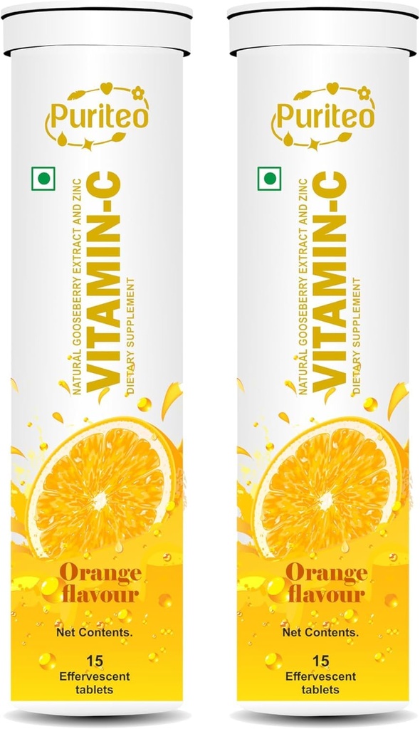 Vitamine C 1000mg Bruistabletten - Krachtige Immune Support VIT C met zinksupplement - Suikervrije, oplosbare vitamine C tabletten Oranje smaak - (15 tabletten elk, verpakking van 2)
