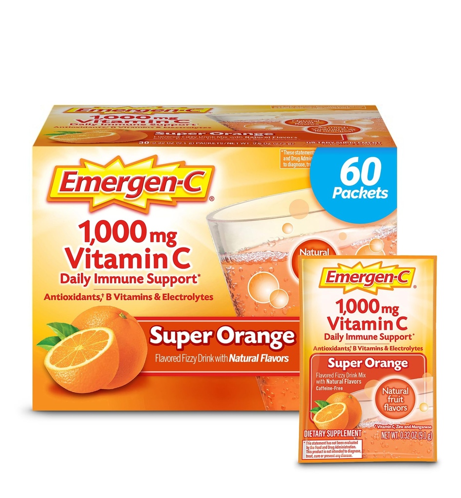 Emergen-C 1000mg Poudre de vitamine C pour le soutien quotidien de l'Immune Suppléments de vitamine C sans caféine avec le zinc et le manganèse, B Vitamines et électrolytes, Super Orange Flavor - 60 Comte/2 mois d'approvisionnement