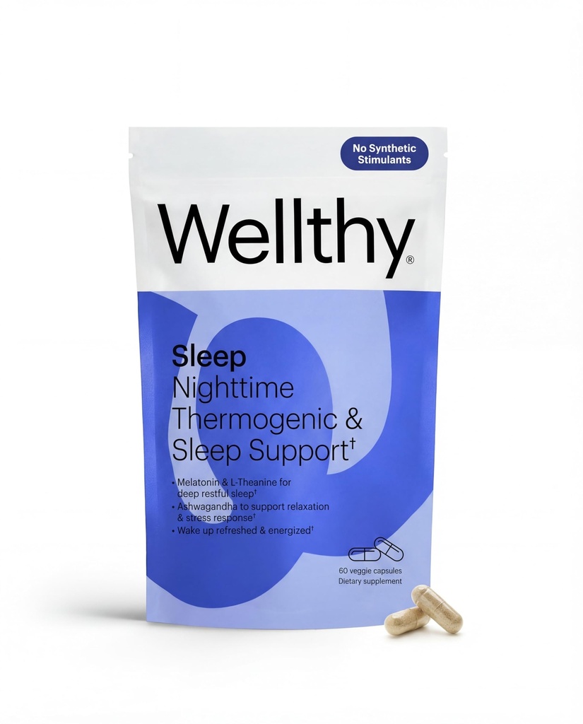 Wellthy Night Time Thermogenic - Vitamine B6, Ashwagandha & Melatonine - Nighttime Thermogenic voor vrouwen - Belly Thermogenic - Natural Weight Loss Supplements for Women, 60ct