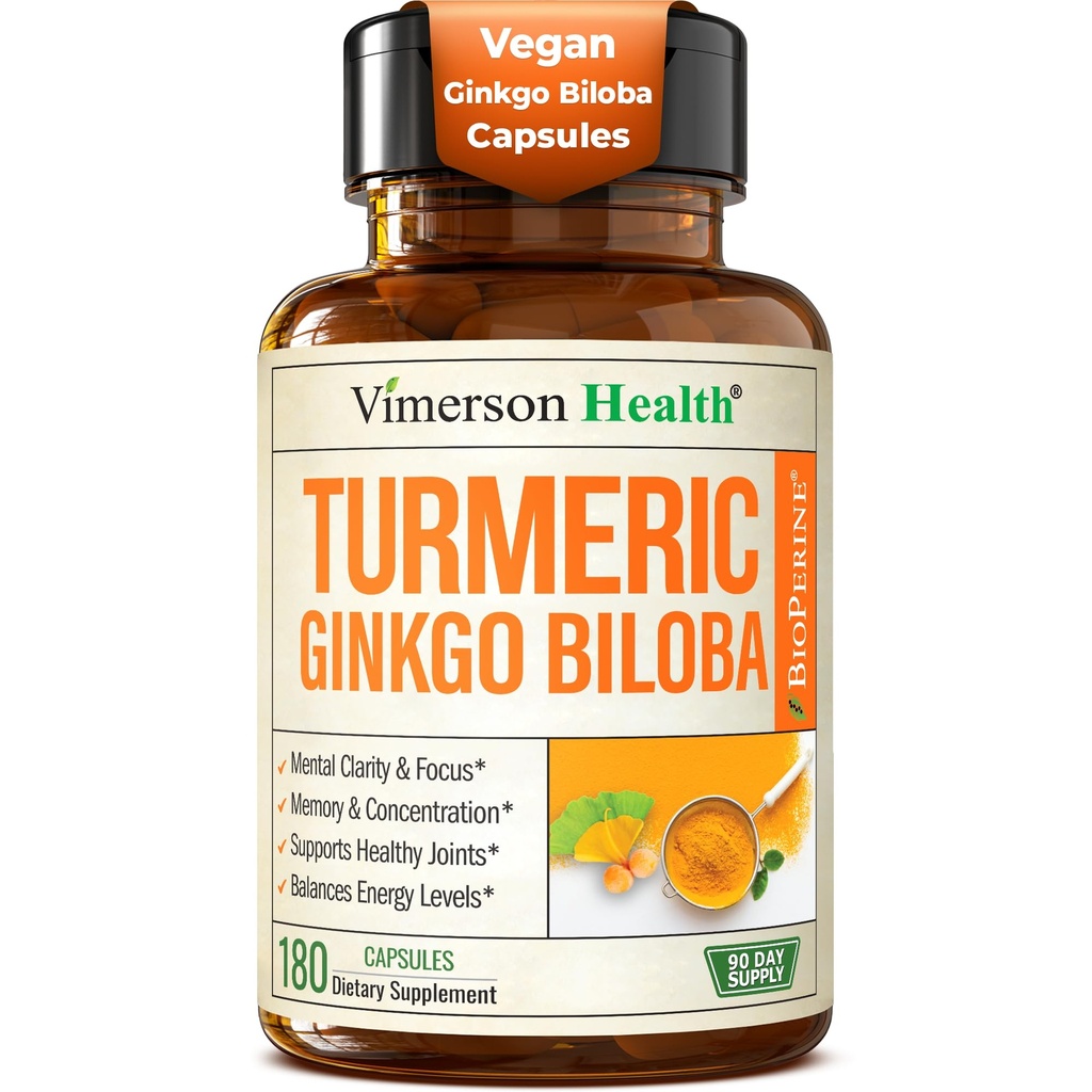 Ginkgo Biloba Supplement met Kurkuma Curcumine en zwarte peper voor hoge absorptie - Ginko Biloba Capsules met Curcuma for Focus, Memory Support, Joint & Brain Health - NonGMO - 180 Vegan Capsules