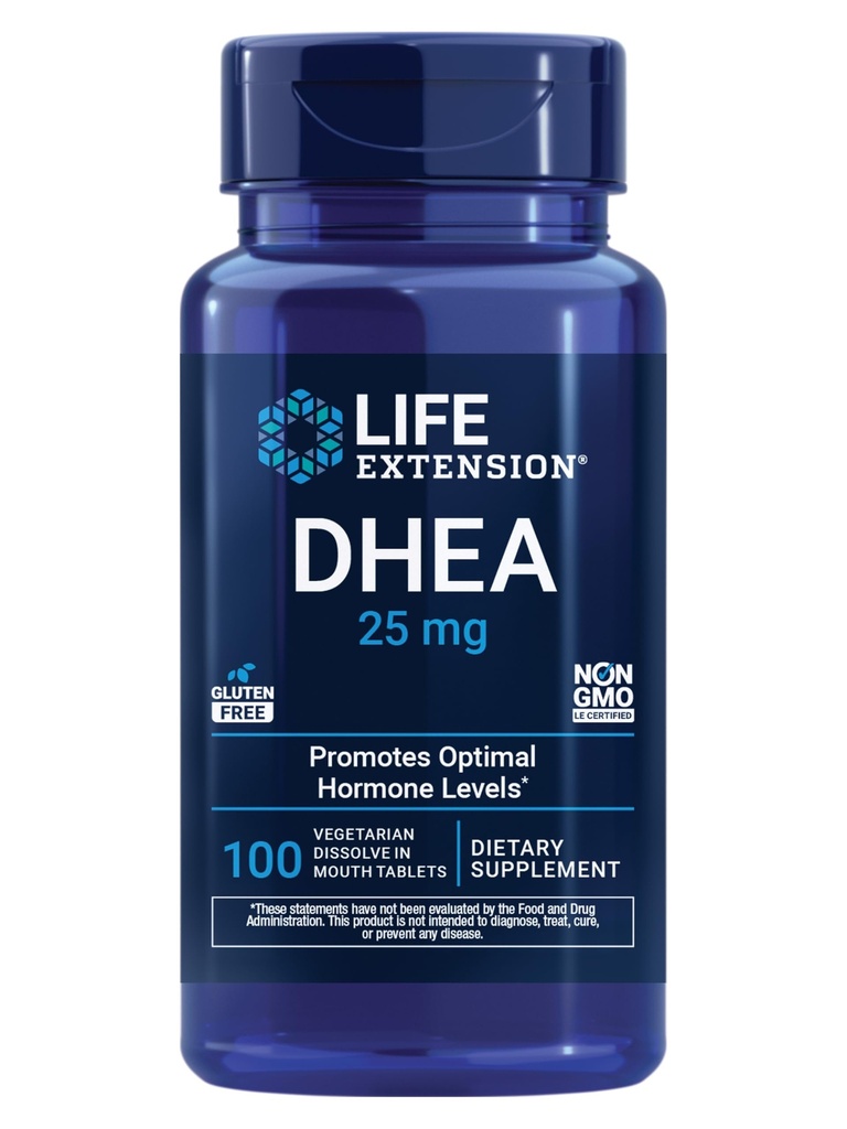 Prolongation de la durée de vie DHEA 25 mg – supplément d'équilibre hormonal, mémoire, santé musculaire, santé des os, santé des hommes, santé des femmes, sans gluten, non-OGM, végétarien, 100 comprimés dissolvés dans la masse