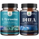 Bundle of Free Form L Tyrosine 500mg Capsules for Mental Energy & Focus Support - Amino Acid Nootropic and DHEA Supplement - Pure DHEA 25mg for Hormone Balance Improves Mood Stability Immune System