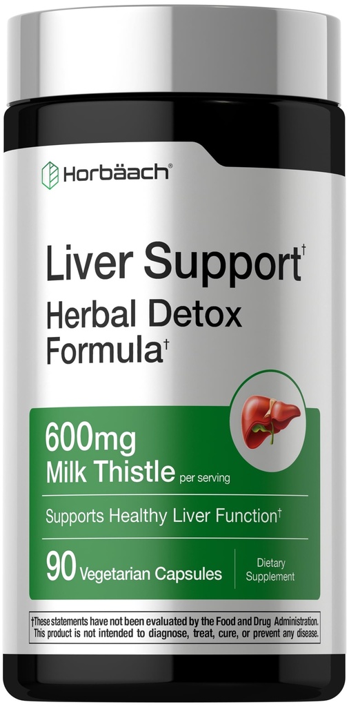 Horbäach Liver Support | 600 mg Milk Thistle | 90 Vegetarian Capsules | Herbal Detox Formula | Non-GMO, Gluten Free