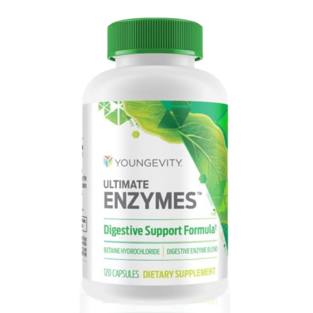 Youngevity Ultimate Enzymes® - Multi Enzymes pour la digestion, le gaz et le dégel - Bétaïne HCl, Bile à Ox, Pancréatine 10X, Papaine 6M, Pepsin 1:3000 (120 Capsules)