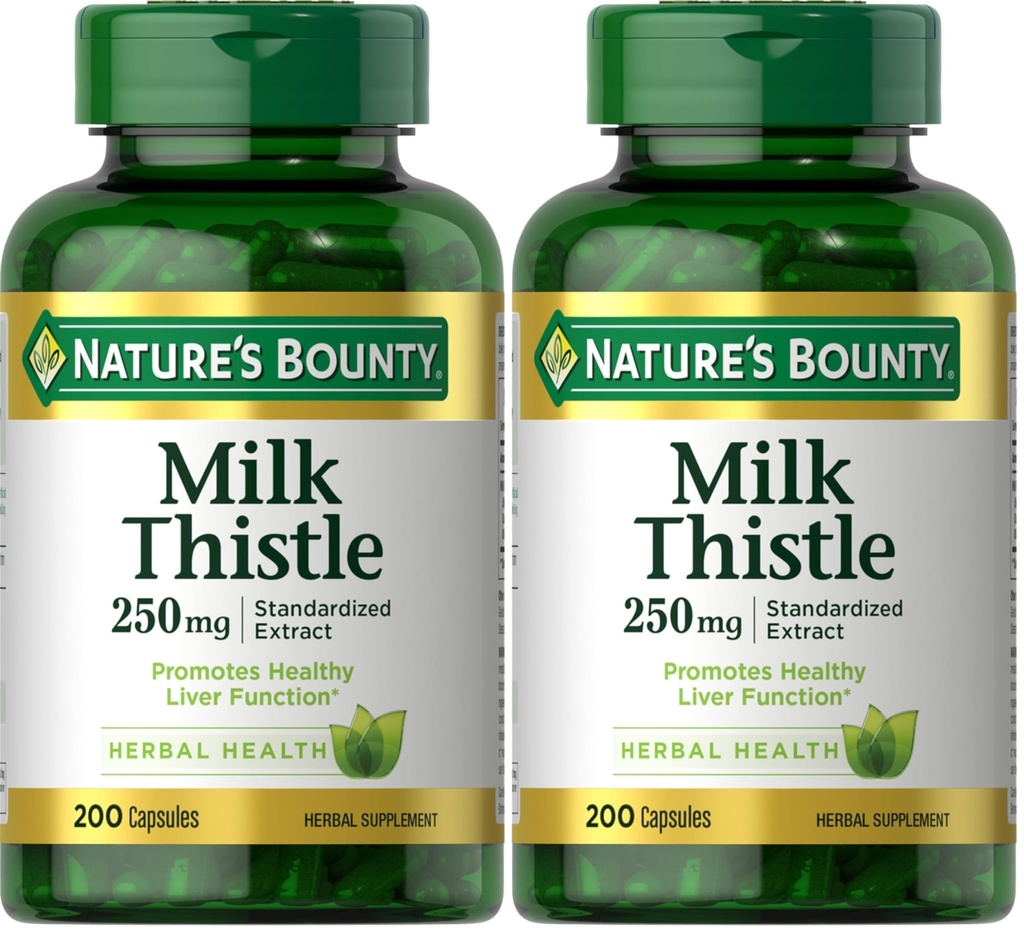 Nature's Bounty Milk Thistle Capsules, Traditioneel gebruikt voor de gezondheid van de lever, kruidensupplement, 250 mg per portie, 200 Telling (verpakking van 2)