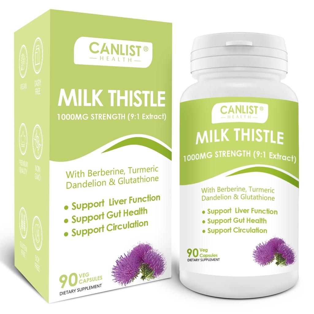 CANLIST Capsules de chardon de lait 1000mg, Potent 9:1 Extrait, Soutien de la santé du foie, Detox & Cleanse, Antioxydant & Santé des Guts, Non-OGM, Sans gluten, 90 Capsules