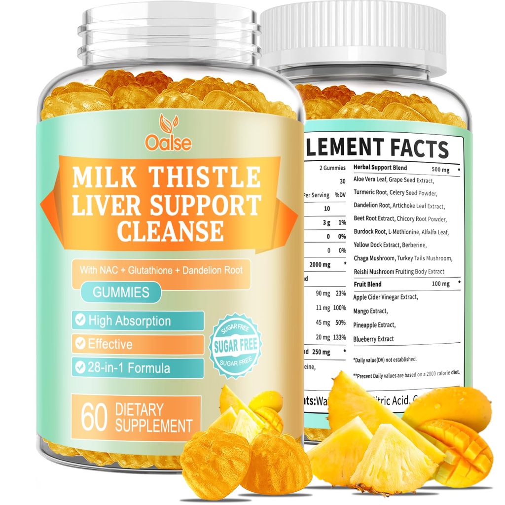 Nettoyer le foie Détox et réparer 2000 Mg Gummées de chardon de lait - Ananas de mangue - avec NAC, glutathion, racine de dandelion, feuille d'aloe vera, etc., sans gluten, 60 comtes