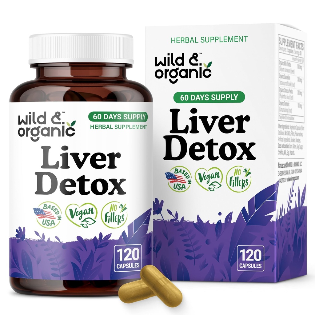 Wild & Organic Liver Detox Capsules - Milk Thistle, Dandelion Root, Kurkuma Lever Reiniging Ondersteuning - Silymarin Milk Thistle Supplement - 120 Vegan Capsules - 2-maand levering - Non-GMO