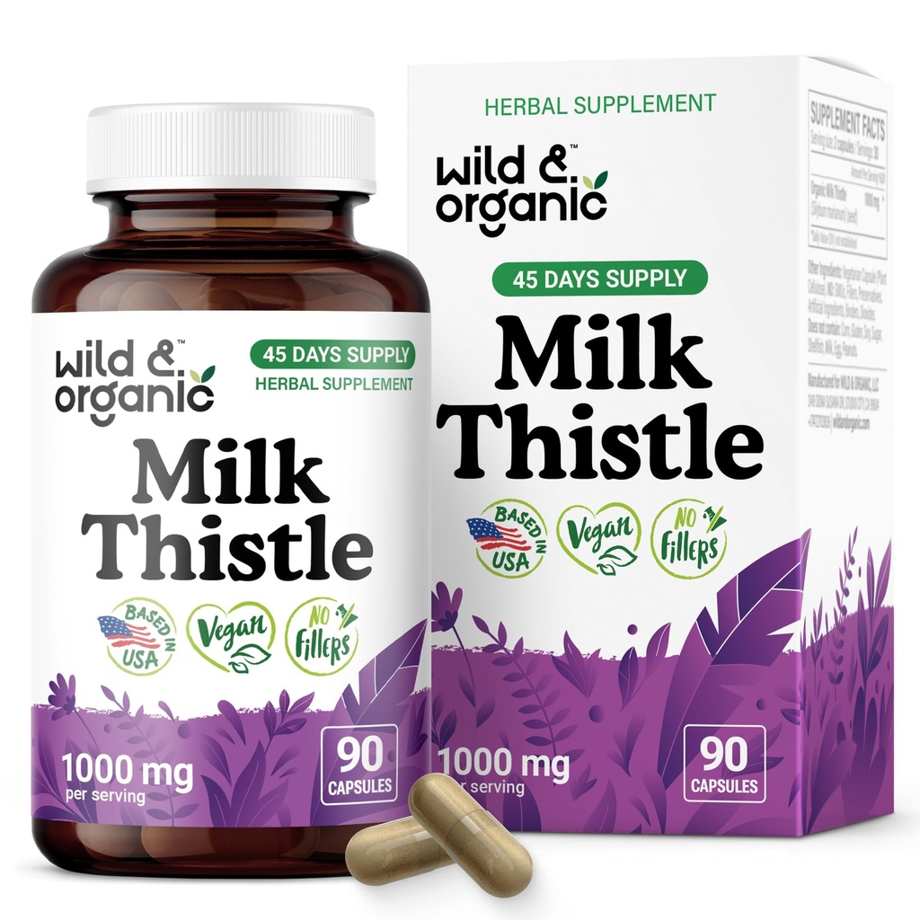 Tiges de chardon de lait sauvage et biologique 1000mg - Suppléments de désintoxication du foie - Silymarin Thistle de lait poudre pour nettoyer le foie - 90 Capsules de végétalien - 45 jours d'approvisionnement - Pas de remplissage, non-OGM