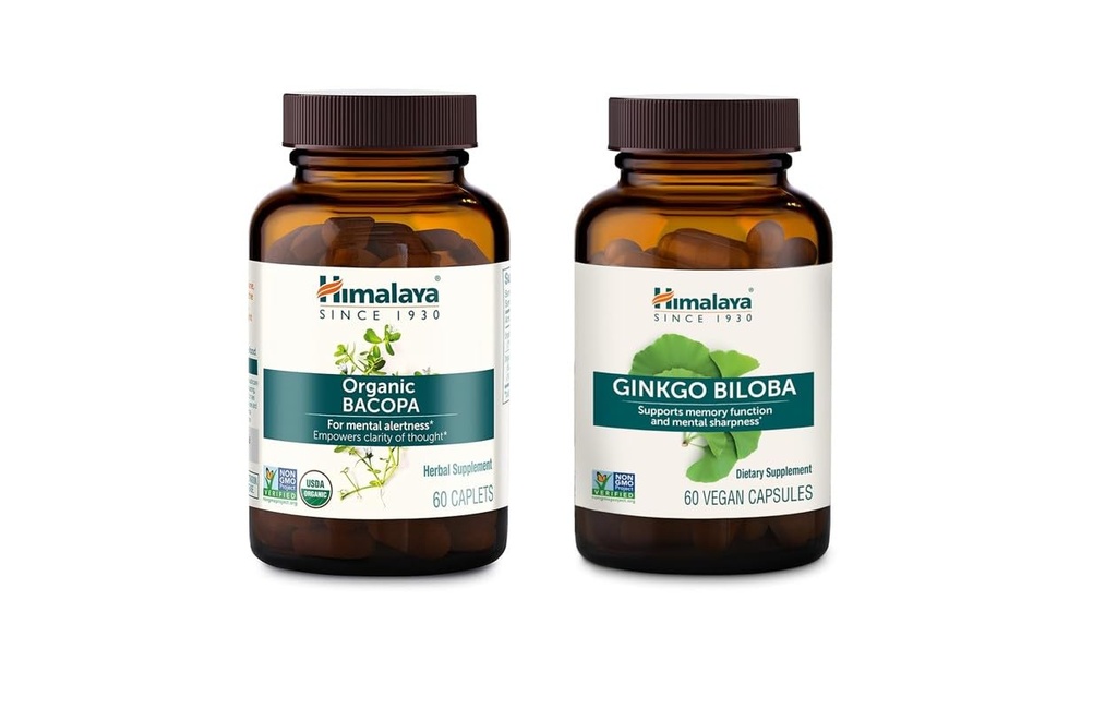 Himalaya Bio Bacopa Monnieri Nootropic & Ginkgo Biloba Variety Pack, Supports Calme, Mémoire, Cognition, USDA certifié biologique, non-OGM, 750 mg, 60 Nombre (paquet de 2)