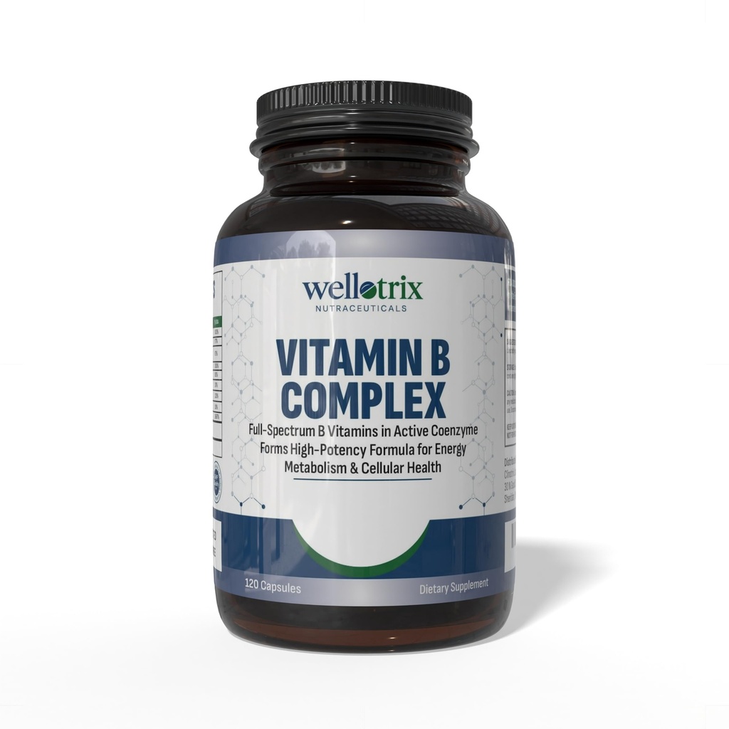 Wellotrix Advanced B-Complex – spectre complet de 8 vitamines B essentielles (B1, B2, B3, B5, B6, B7, B9, B12) dans les formes de coenzymes actives – soutient le métabolisme énergétique et la santé cellulaire – 120 capsules