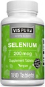 Supplément au sélénium 200 mcg, 180 comprimés végétaliens pour le système immunitaire, la thyroïde, la prostate et la santé cardiaque*, bio, naturel et sans gluten, sans additifs minéraux