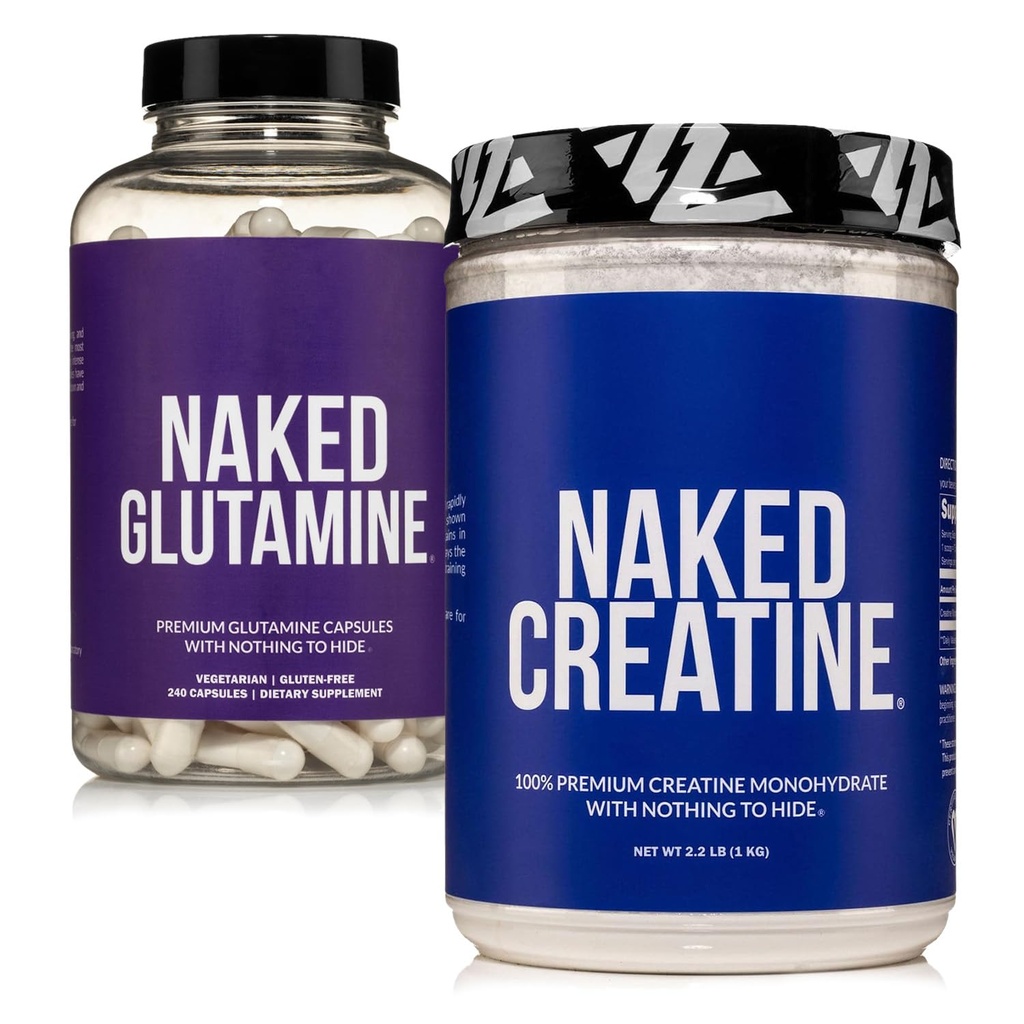 NAKED Pure Micronized Creatine Monohydraat 200 Servings + Pure L-Glutamine 240 Capsules Bundel: Vegan, Non-GMO, Glutenvrij. Minimaliseer Spierverdeling en Verbeter eiwitsynthese. Niets kunstmatigs