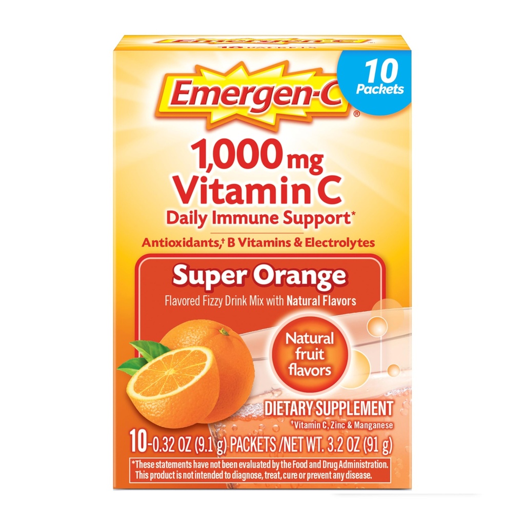 Emergen-C 1000mg Vitamine C Poudre pour Imune quotidienne Soutien Sans caféine Suppléments de vitamine C avec le zinc et le manganèse, B Vitamines et électrolytes, Super Orange Flavor - 10 Compte