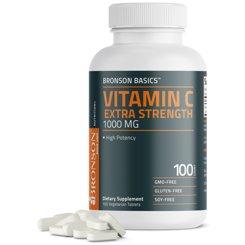 Bronson Vitamine C 1000mg Extra sterkte, Ondersteunt een gezond immuunsysteem, hoge potentie, niet-GMO, 100 Vegetarische tabletten