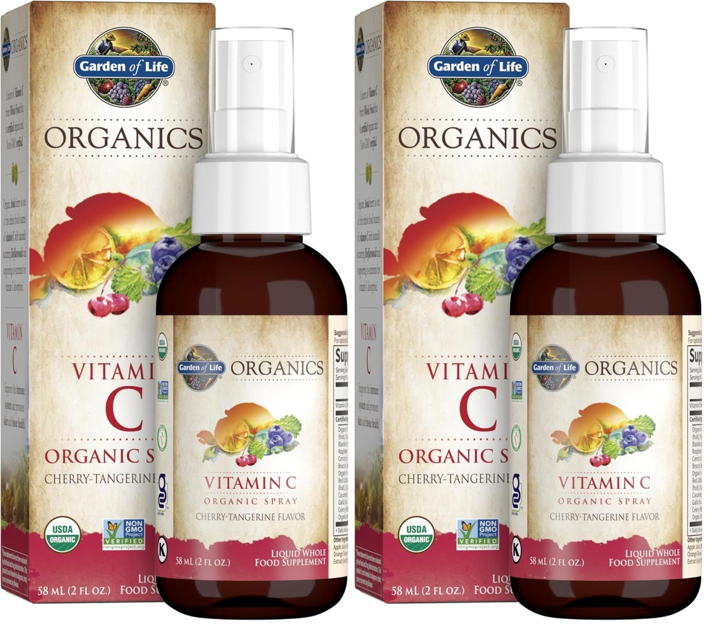 Garden of Life Organics Vaporisateur de vitamine C pour les enfants et les adultes - Cerise Tangerine, Supplément Vitamine C, Antioxydant pour le soutien immunitaire et la santé de la peau,2 fl oz gouttes liquides,(Pack of 2)