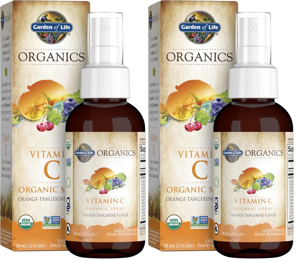 Garden of Life Organics Vaporisateur Vitamine C pour les enfants et les adultes - Orange Tangerine, Supplément Vitamine C, Antioxydant pour le soutien immunitaire et la santé de la peau,2 fl oz gouttes liquides,(Pack of 2)