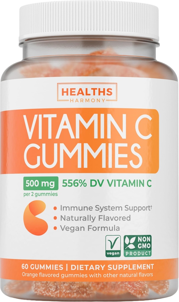 Vegan Vitamin C Gummies for Adults - Immune Support Gummies with Chewable Vitamin C 500mg per Serving for Daily and Seasonal Wellness - High Potency Non-GMO Formula - Orange Flavor (1 Month Supply)
