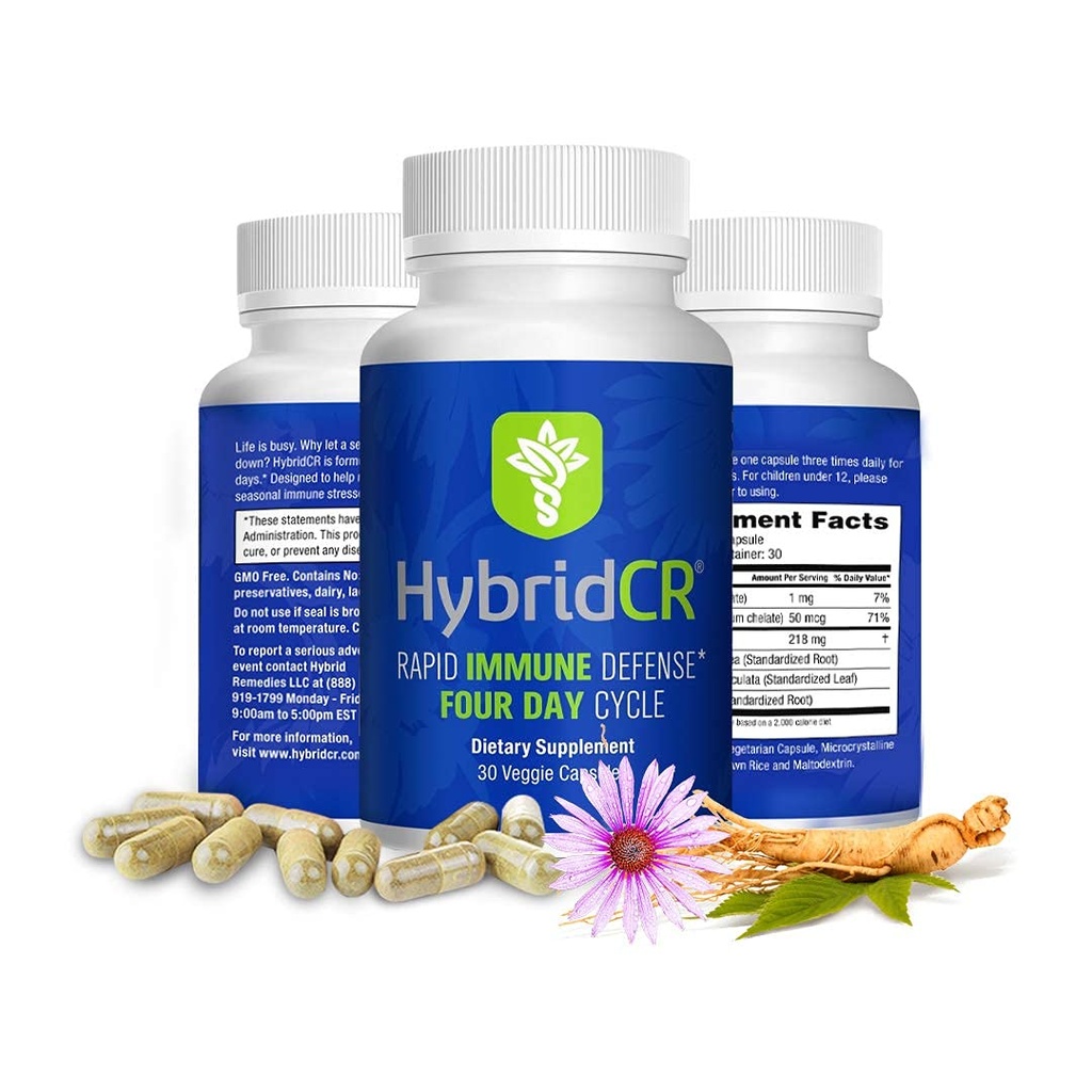 Supplément d'immunité rapide HybridCR Zinc, Echinacea, Andrographis, Ginseng, Sélénium, sans gluten et non-OGM.