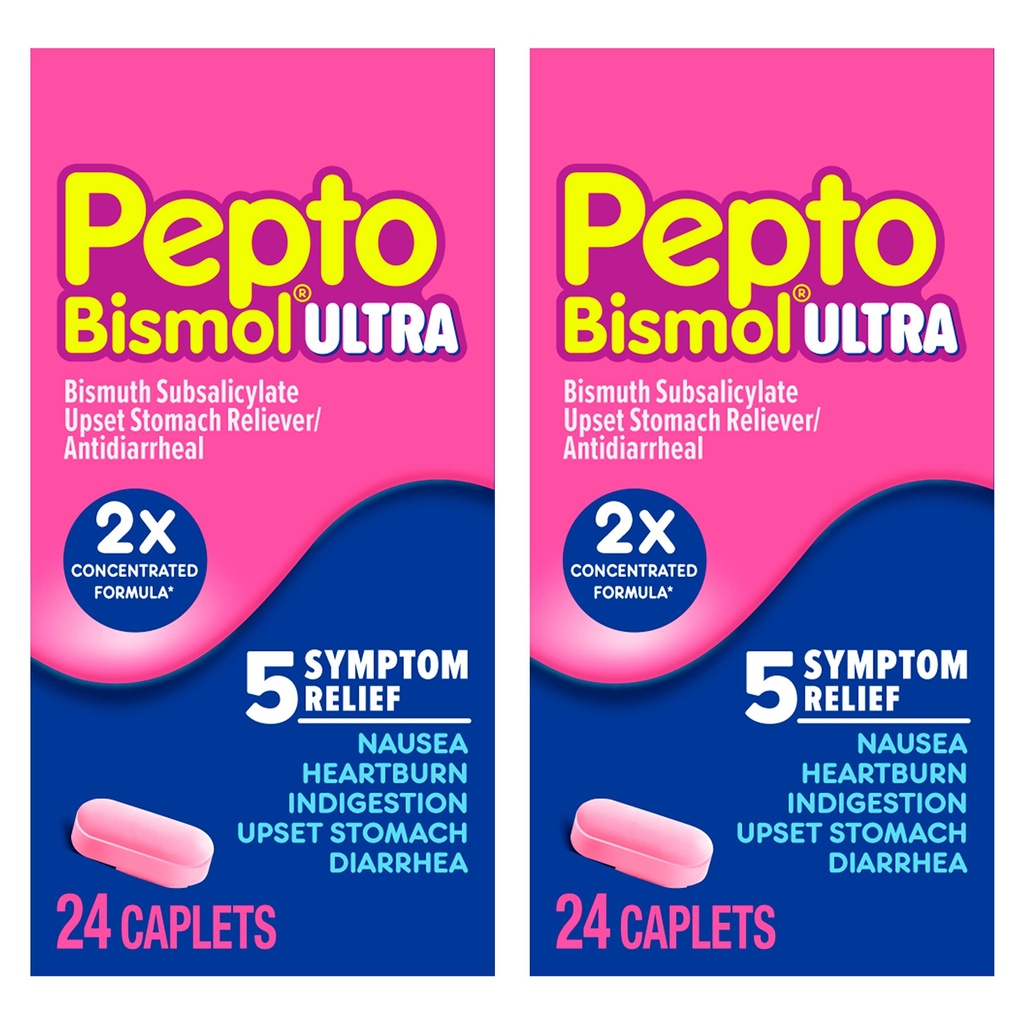 Pepto Bismol ULTRA Caplets, opgewonden maagverlossing, misselijkheid verlichting, brandend maagzuur verlichting, indigestie verlichting, antidiarree medicatie voor volwassenen - 5 Symptoom Relief, 48 ct (2x24 ct)