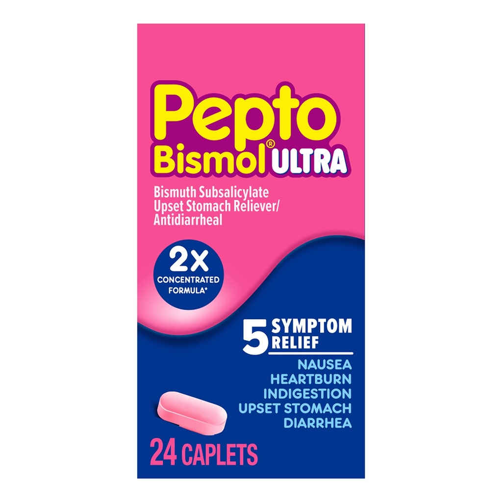 Pepto Bismol ULTRA Caplets, verstoorde maagverzachting, misselijkheid verlichting, brandend maagzuur verlichting, indigestie verlichting, antidiarree medicatie voor volwassenen - 5 Symptoom Relief, 24 st.