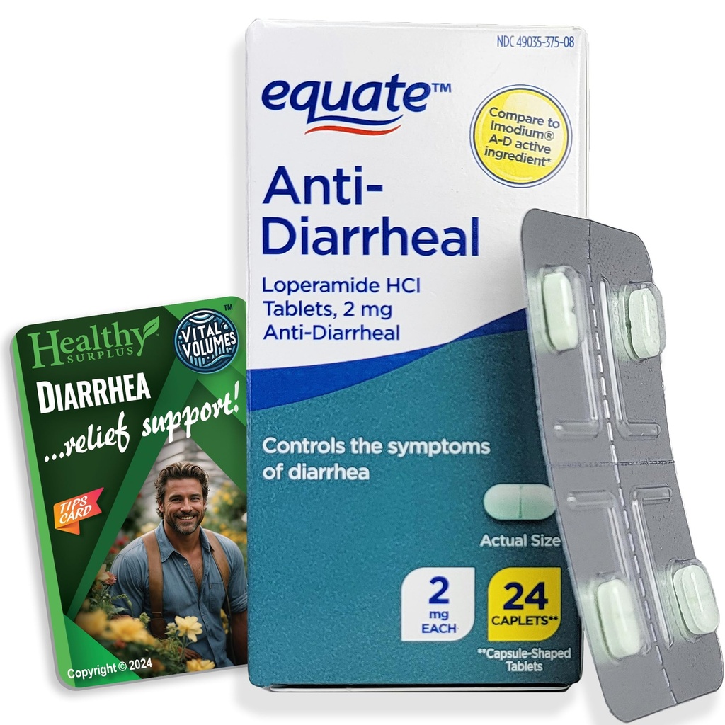 Gezond Overschot Equate Anti-Diarree Loperamide HCI 2 mg 24 Capletten en Vitale Volumes Tips Kaart