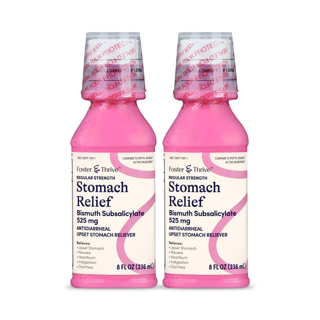 Foster & Thrive Maagrelief Liquid for Misselijkheid, Heartburn, Indigestie, Gestoorde Maag, Diarree - Fast Relief for 5 Symptomen, Antidiarrheal, Bismut Subsalicaat 525 mg, Original, 8 oz (Pack of 2)