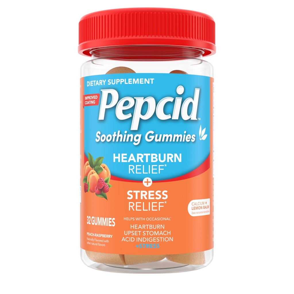 Gummies antiacides apaisantes peccides, soulagement des brûlures d'estomac + soulagement du stress pour brûlures d'estomac occasionnelles, estomac relevé et indigestion acide, avec extrait de baume de citron, phosphate de tricalcium, fraise de pêche, 32 ct
