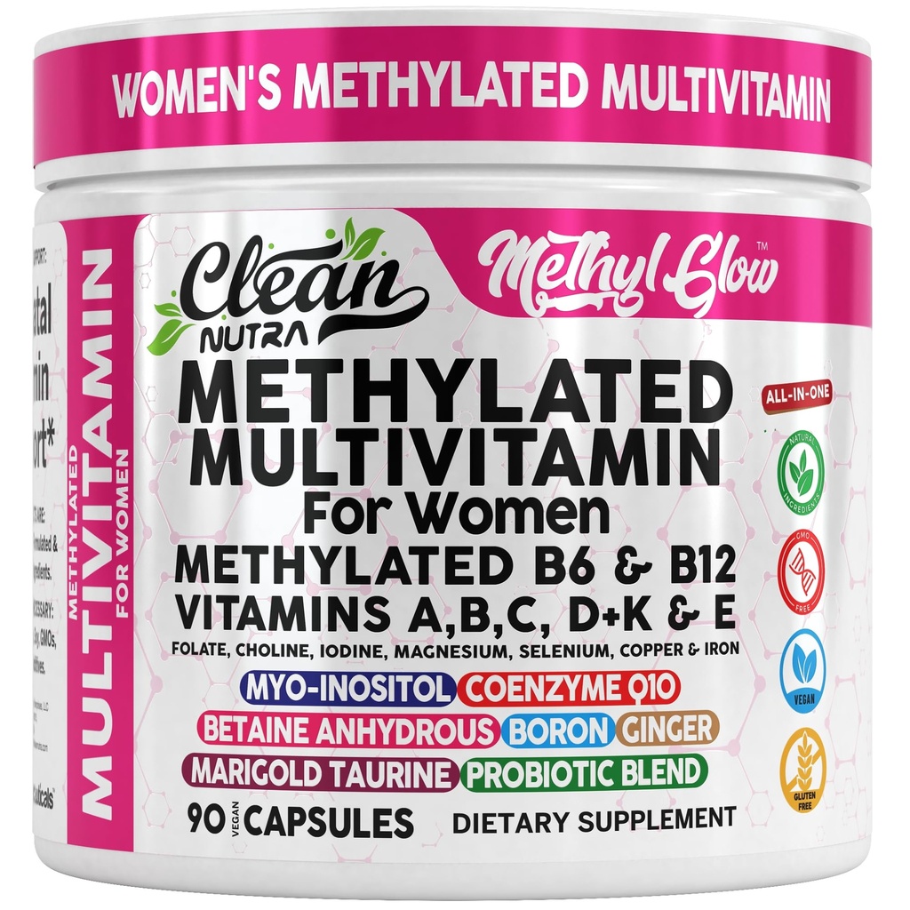 Gemethyleerde multivitamine voor vrouwen Vitaminen B6 Methyl B12 A B C D K E Folate Choline Omega 3 Thiamine Riboflavine IJzer Jodium Magnesium Zink Selenium Koper Calcium 90 Capsules door Clean Nutra